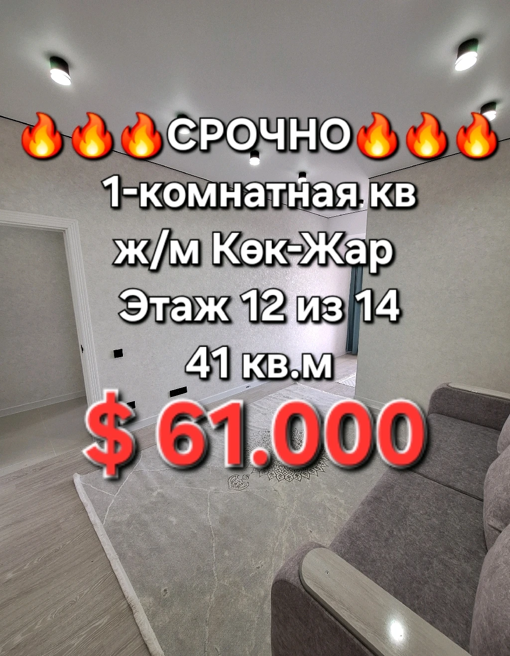 1комн.кв, жм Кок-Жар, элитка, с ремонтом, 12/14, 61000$